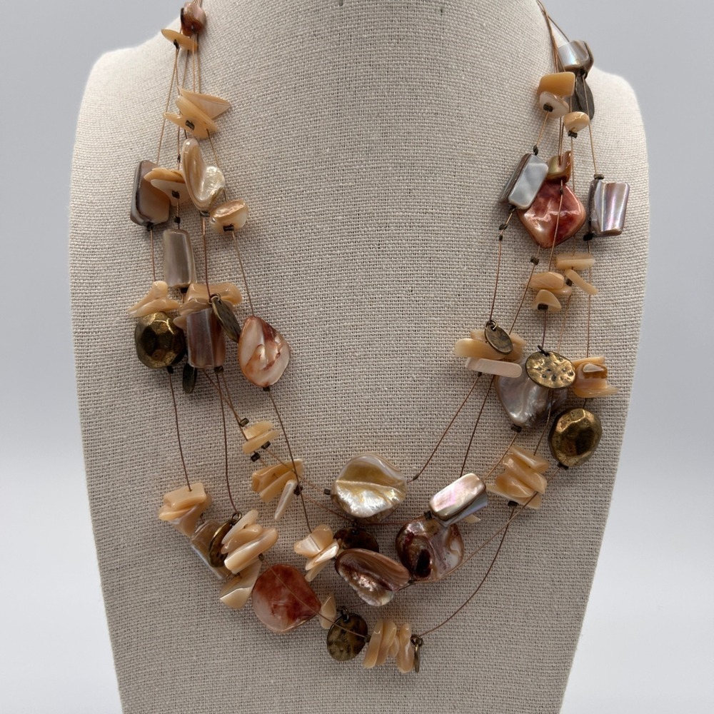 Boho Multi Strand Mother of Pearl Shell Necklace Brass Accents Earthy Tiered 18"